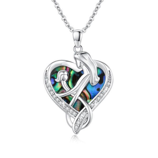 Sterling Silver Mother Child Abalone Shell Heart Pendant Necklace-0