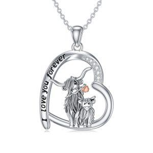 Sterling Silver Highland Cow Mother Child Pendant Necklace Engraved "I Love You forever"-0