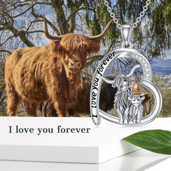 Sterling Silver Highland Cow Mother Child Pendant Necklace Engraved "I Love You forever"-5