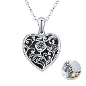 Sterling Silver Rose Heart Locket Necklace-0