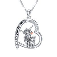 wholesale 925 Sterling Silver Heart-Shaped Highland Cow Family Pendant Necklace- Rhodium And Rose Gold Plated