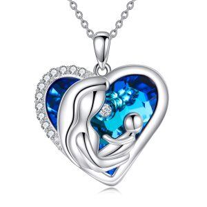 Sterling Silver Mother Child Heart Crystal Pendant Necklace-0