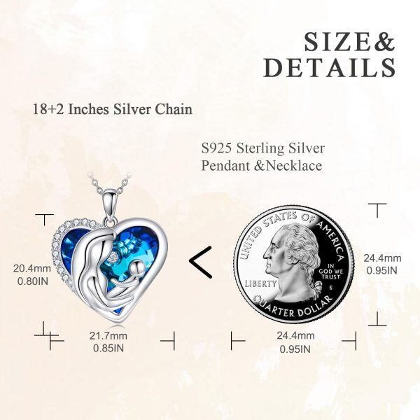 Sterling Silver Mother Child Heart Crystal Pendant Necklace-1