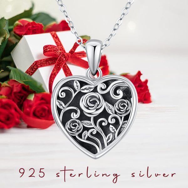 Sterling Silver Rose Heart Locket Necklace-4