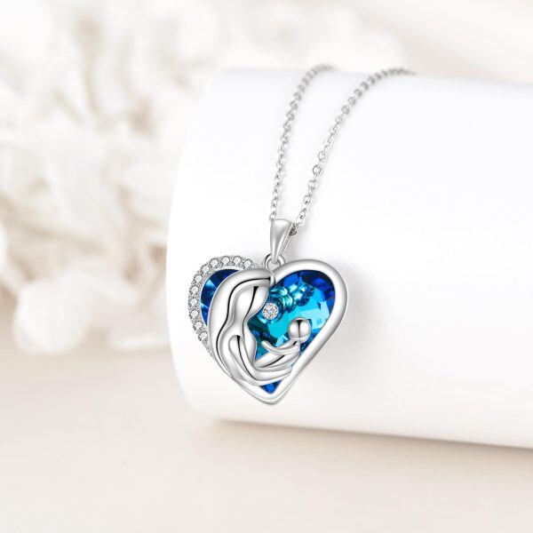 Sterling Silver Mother Child Heart Crystal Pendant Necklace-4