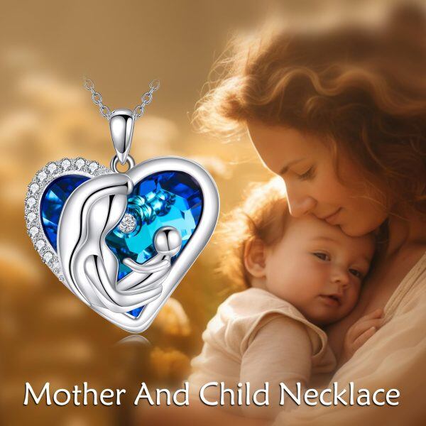 Sterling Silver Mother Child Heart Crystal Pendant Necklace-5