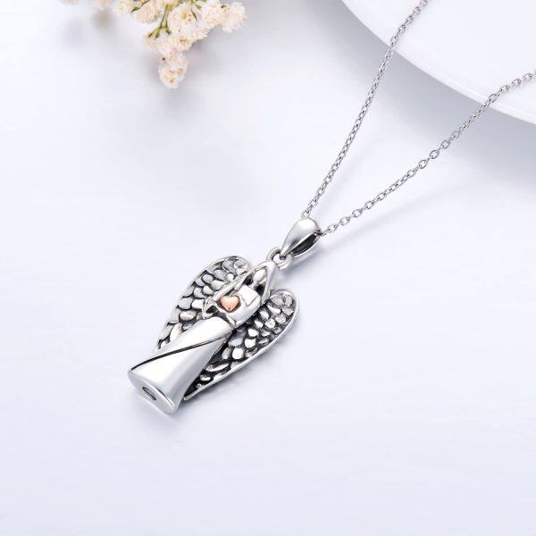 Sterling Silver Two-tone Angel Wing Heart Urn Necklace-12