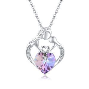 Sterling Silver Mother Child Pendant Necklace with Purple Heart Crystal-0