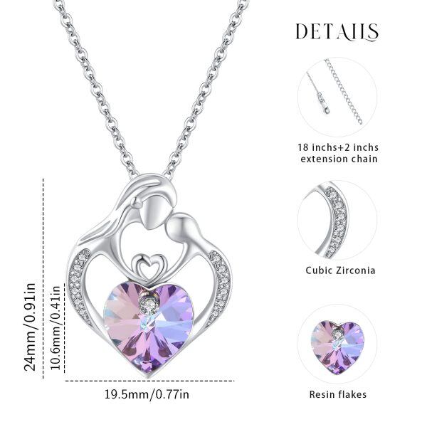 Sterling Silver Mother Child Pendant Necklace with Purple Heart Crystal-1