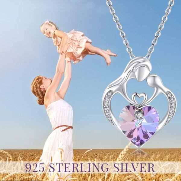 Sterling Silver Mother Child Pendant Necklace with Purple Heart Crystal-4