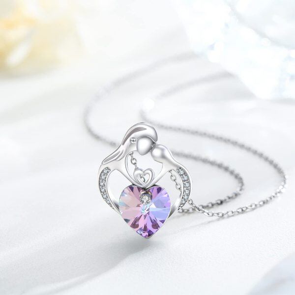 Sterling Silver Mother Child Pendant Necklace with Purple Heart Crystal-5