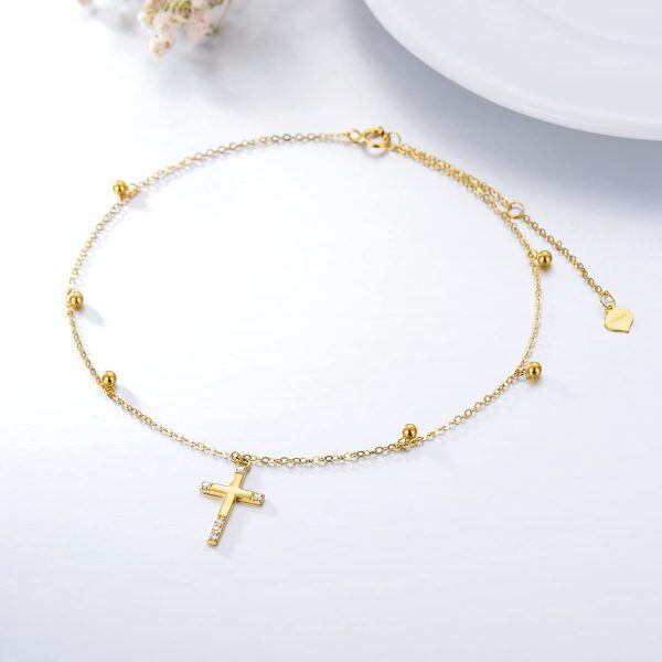 14K Gold Circular Shaped Cross Ankle Bracelets-4