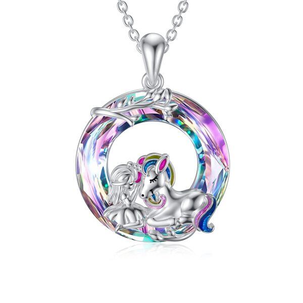 Sterling Silver Unicorn with Girl Crystal Pendant Necklace-0