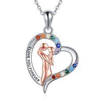 wholesale 925 Sterling Silver Rainbow Crystal Heart Mother & Child Pendant Necklace- Rhodium And Rose Gold Plated