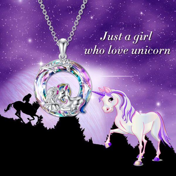 Sterling Silver Unicorn with Girl Crystal Pendant Necklace-12