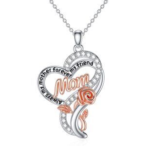 Sterling Silver Rose Heart Mom Pendant Necklace-0