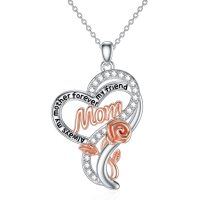 wholesale 925 Sterling Silver Rose Gold Plated Mom Heart Pendant Necklace with Cubic Zirconia s for Women- Rhodium And Rose Gold Plated