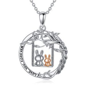 Sterling Silver Tree Swing Rabbit Mother Child Pendant Necklace-0