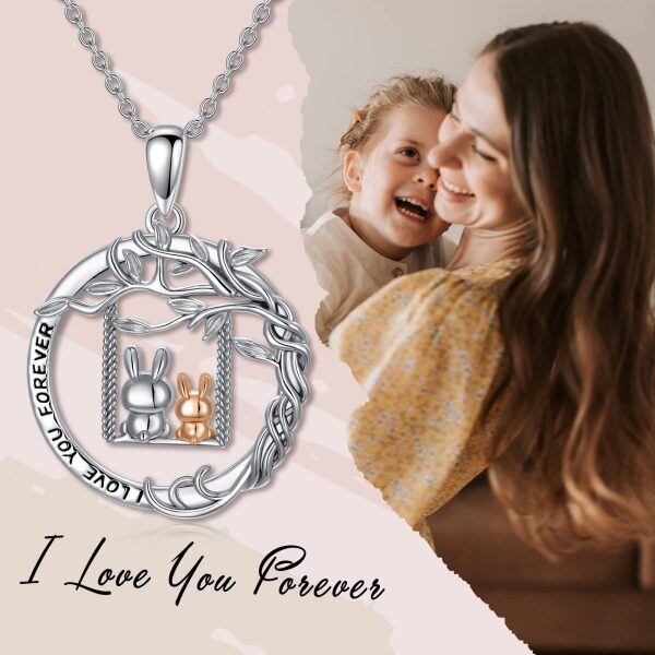 Sterling Silver Tree Swing Rabbit Mother Child Pendant Necklace-5