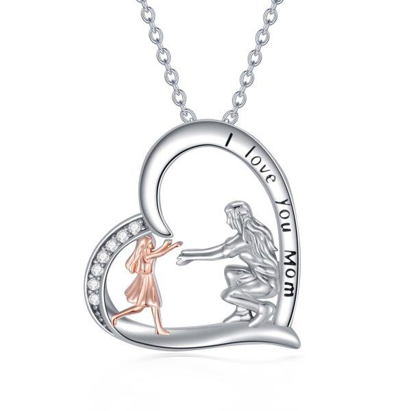 Sterling Silver Heart Mother Child Pendant Necklace for Mom-0