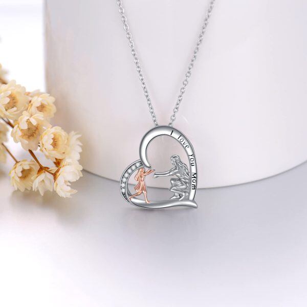 Sterling Silver Heart Mother Child Pendant Necklace for Mom-3