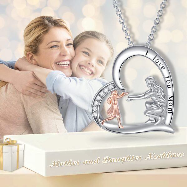 Sterling Silver Heart Mother Child Pendant Necklace for Mom-5