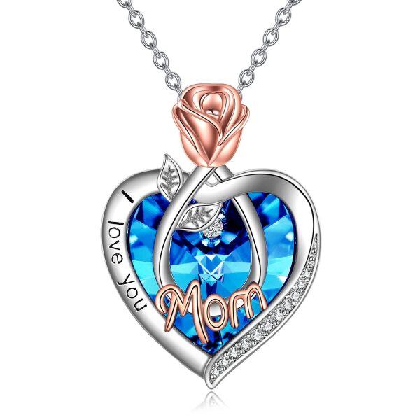 Sterling Silver Rose Flower Heart Crystal Pendant Necklace for Mom -0