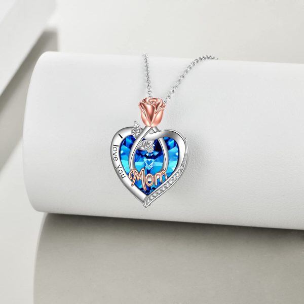 Sterling Silver Rose Flower Heart Crystal Pendant Necklace for Mom -3