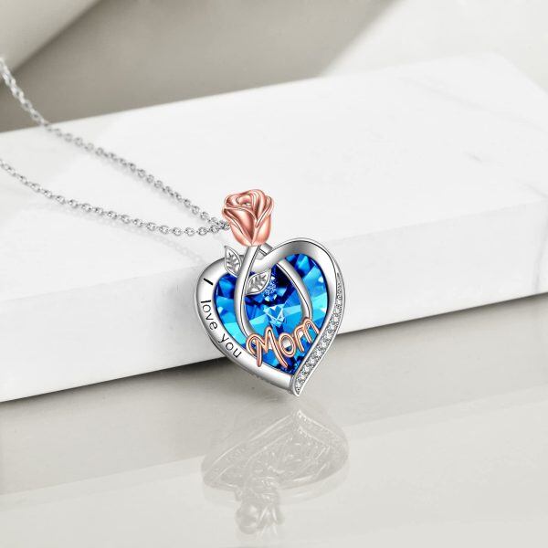 Sterling Silver Rose Flower Heart Crystal Pendant Necklace for Mom -4