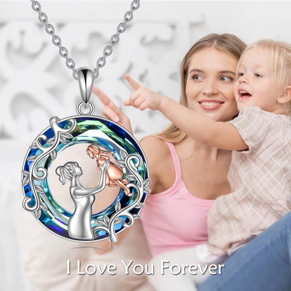 Sterling Silver Mother Daughter Pendant Necklace with Crystal Circle-5