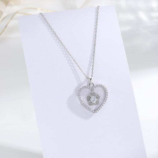 Sterling Silver Flower Heart Pendant Necklace-4