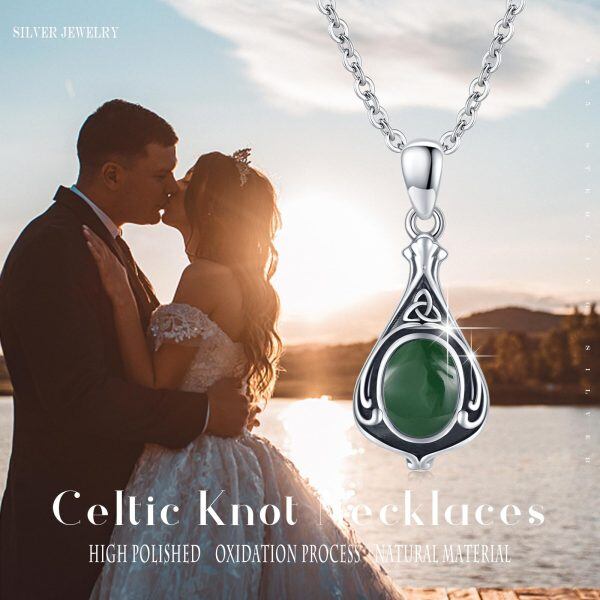 Sterling Silver Celtic Knot Green Agate Pendant Necklace-5