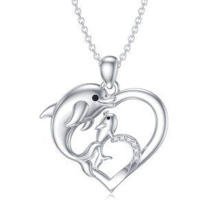 Sterling Silver Laboratory Diamond Dolphin Mother Child Pendant Necklace-0