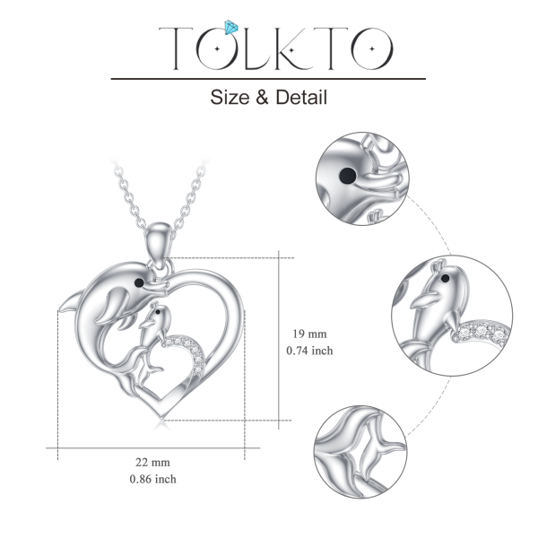 Sterling Silver Laboratory Diamond Dolphin Mother Child Pendant Necklace-1