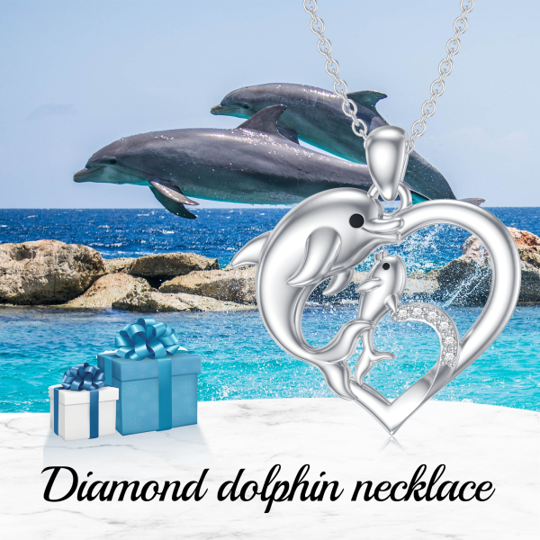 Sterling Silver Laboratory Diamond Dolphin Mother Child Pendant Necklace-5