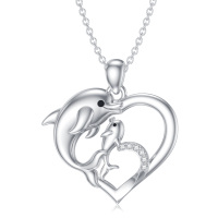 wholesale 925 Sterling Silver Heart-Shaped Dolphins with Cubic Zirconia Pendants Necklaces for Women- Rhodium Plated