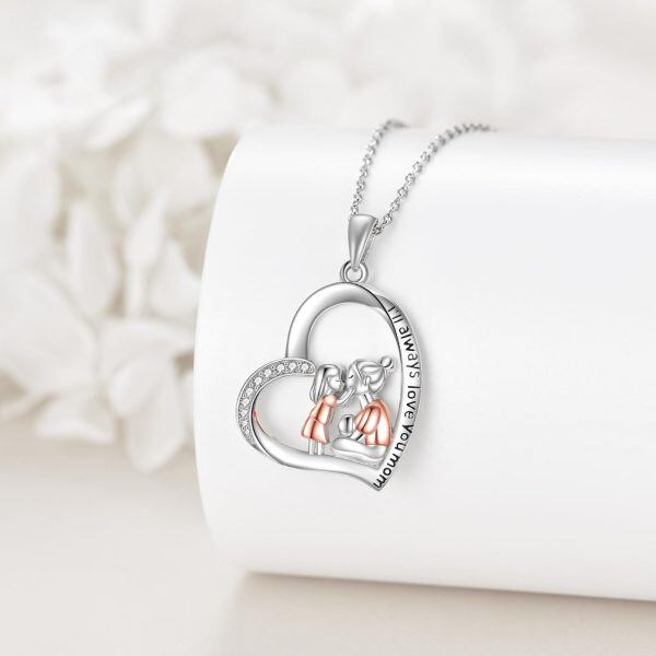 Sterling Silver Heart Mother Daughter Pendant Necklace-3