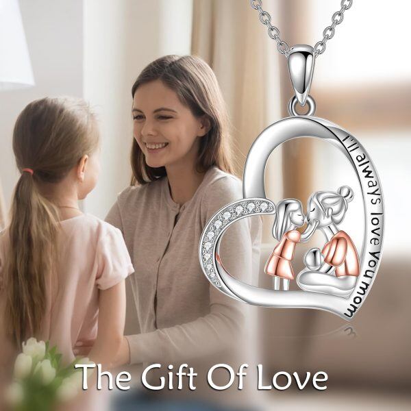 Sterling Silver Heart Mother Daughter Pendant Necklace-5