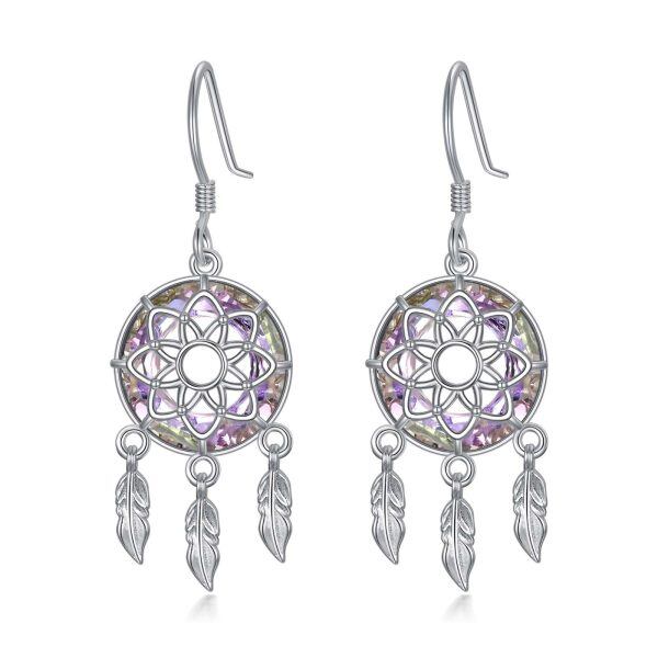 Sterling Silver Dream Catcher Crystal Dangle Earrings-0