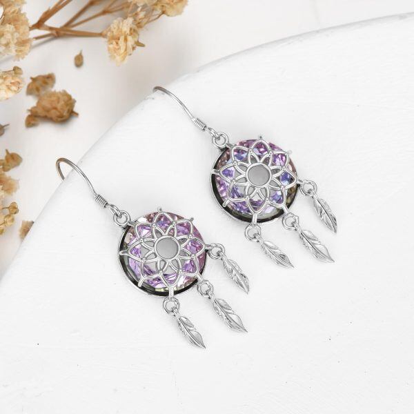 Sterling Silver Dream Catcher Crystal Dangle Earrings-3