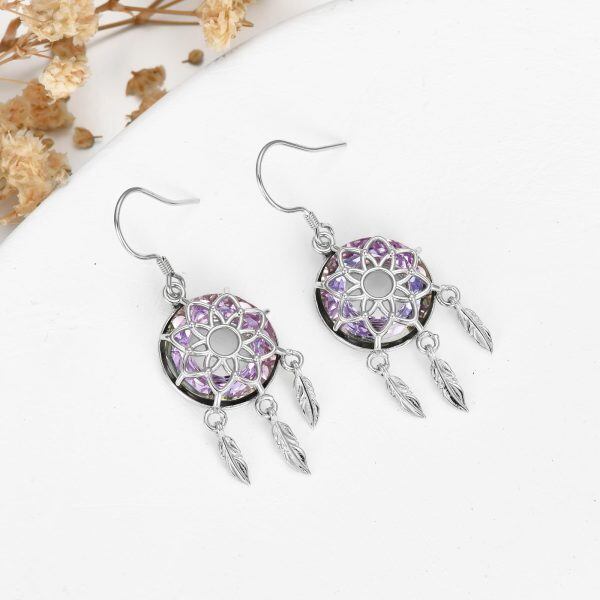 Sterling Silver Dream Catcher Crystal Dangle Earrings-4