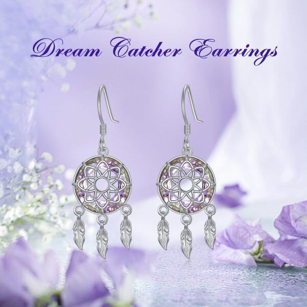 Sterling Silver Dream Catcher Crystal Dangle Earrings-5