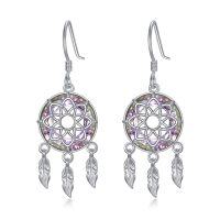 wholesale 925 Sterling Silver Crystal Dream Catcher Evil Eye Dangle Drop Earrings- Rhodium Plated