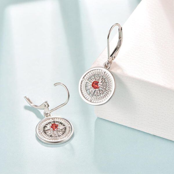 Sterling Silver Compass January Birthstone Dangle Earrings-4