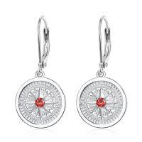 wholesale 925 Sterling Silver Garnet Round Compass Pendant Leverback Earrings for Women- Rhodium Plated