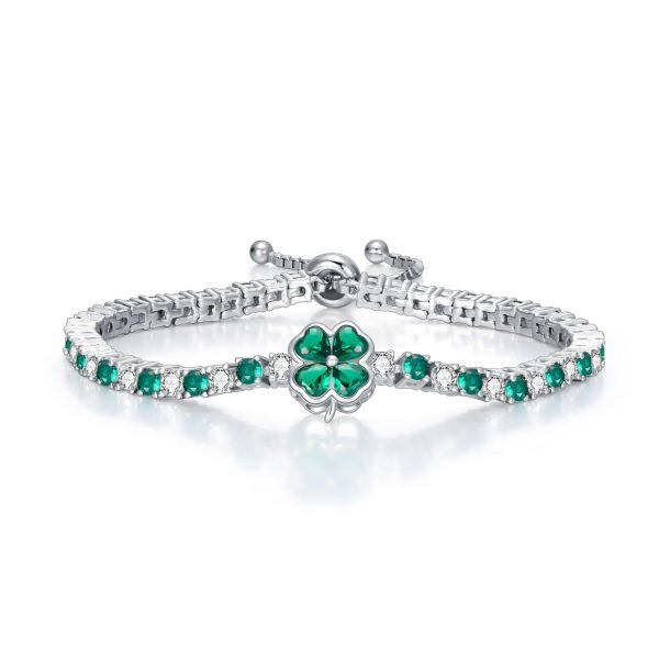 Sterling Silver 3.4mm CZ Four Clover Tennis Bracelet with May Birthstone-0