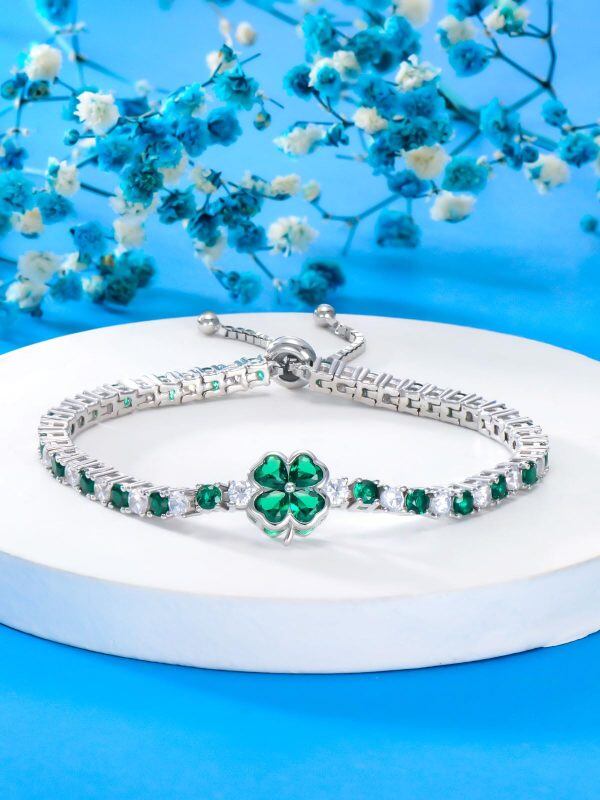 Sterling Silver 3.4mm CZ Four Clover Tennis Bracelet with May Birthstone-3