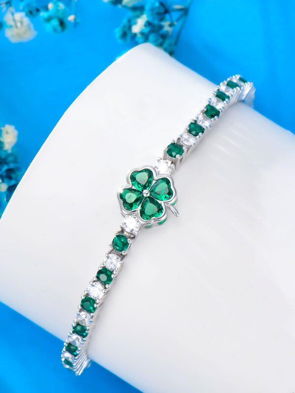 Sterling Silver 3.4mm CZ Four Clover Tennis Bracelet with May Birthstone-4