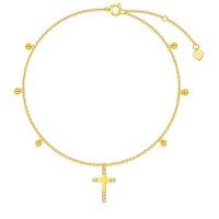 wholesale 14K Gold Beaded Cross Charm Anklet for Women - Dainty Religious Jewelry 9 Adjustable Chain- Gold Plated