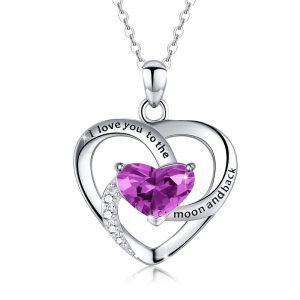 Sterling Silver Love Purple Heart Pendant Necklace with February Birthstone-0